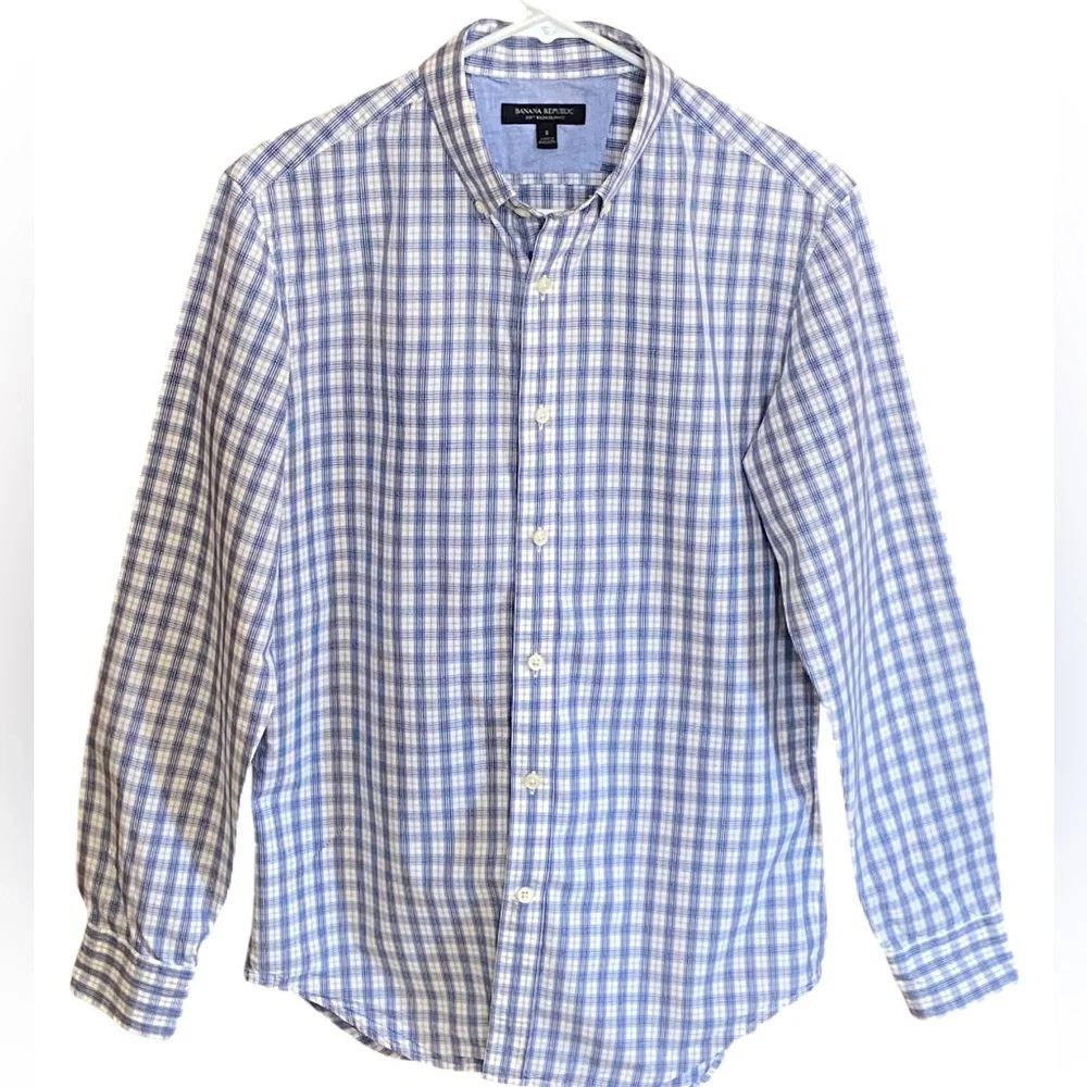 Banana Republic Men's Slim Fit Soft Wash Blue Plaid Long Sleeve Shirt Small